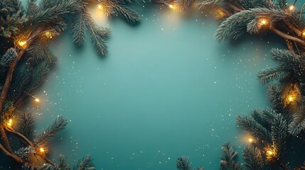 An elegant frame of intertwined wood and fir branches with glowing lights, isolated on a festive teal background with holiday sparkles