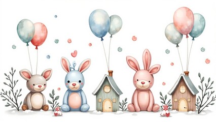 Obraz premium Charming pastel bunnies with balloons celebrate a joyful day in a whimsical village setting
