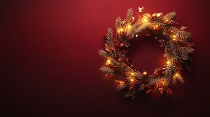 An elegant wooden wreath wrapped with pine branches and warm lights, arranged in a circular frame against a rich burgundy background with golden accents