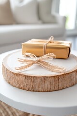 A gift wrapped in gold paper and tied with twine on a white table