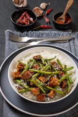 garlic green bean stir fry with crispy tofu and rice