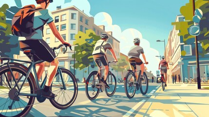 Fototapeta premium Digital illustration of cyclists navigating urban pathways and streets, emphasizing the convenience and eco-friendly aspects of biking in the city