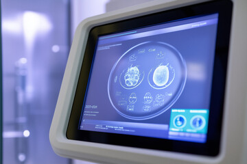 A digital screen showing the step-by-step process of embryo freezing,in a sterile lab environment.