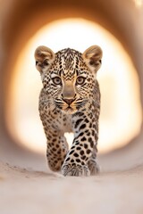 Naklejka premium A baby leopard walking through a tunnel in the sand
