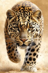 Obraz premium A painting of a leopard walking across a dirt field