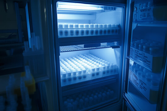 A sterile cryogenic freezer filled with frosted tubes labeled for egg preservation.A refrigerator that is completely empty, featuring a blue light