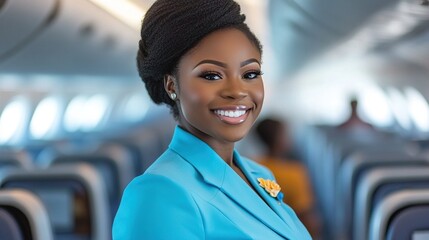A cheerful flight attendant in a neatly pressed uniform, offering a welcoming smile while standing in the aisle of an airplane, exuding professionalism and warmth