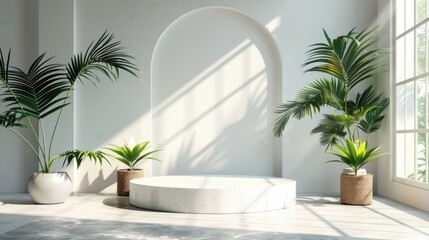 Fototapeta premium Geometric platform, minimalist white room, cylinder podium, palm leaf shadows, serene product display