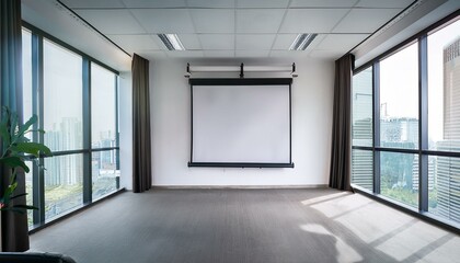 Fototapeta premium Modern office room interior with board and projection screen, window. Empty wall
