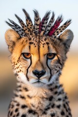 A cheetah with a mohawk on its head looking at the camera