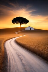 Obraz premium A lone tree in the middle of a field with a house in the background