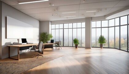 Fototapeta premium Modern office room with large windows, minimalistic furniture, and an empty blank wall on the left for mockup. Bright interior and wooden flooring. 3D Rendering