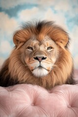 A lion laying on top of a pink ottoman