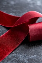 A close up of a red ribbon on a black surface