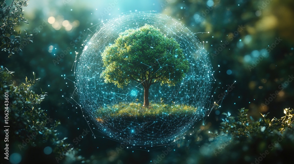 Poster a single tree inside a glowing sphere of connected lines and dots in a forest setting.