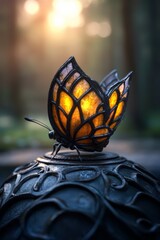 A butterfly sitting on top of a metal object