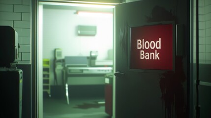 A dimly lit doorway with a sign that reads 'Blood Bank' leads to a room with a blood-stained stretcher, creating a chilling and mysterious atmosphere.