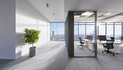 Fototapeta premium Modern open office space with cityscape view, minimalist interior design featuring a large plant. Bright workspace concept. 3D Rendering