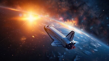 Illustration depicting a space shuttle navigating through space towards a radiant star, emphasizing the futuristic aspirations of space exploration