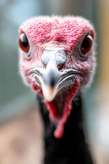  A close up of a turkey's head with red feathers