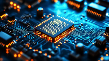Obraz premium Futuristic close-up of a microchip on a glowing circuit board, ideal for technology-themed wall art, posters, and backgrounds, perfect for modern design projects and advertisements.