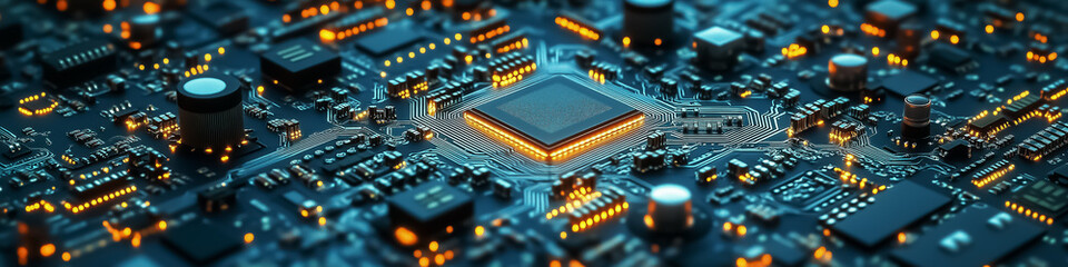 Futuristic close-up of a circuit board with a glowing microchip, ideal for technology-related wall art, posters, backgrounds, and advertisements showcasing innovation.