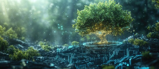 A tree stands on a platform with glowing circuitry in a glowing, green forest.