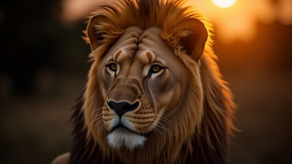 Naklejka premium Majestic lion gazing into the horizon during a golden sunset in the African savannah