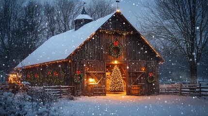 A rustic barn decorated for Christmas with wreaths, twinkling lights, and a Christmas tree glowing softly inside, viewed from outside on a snowy night