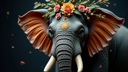 A decorated elephant posed elegantly against a dark backdrop with vibrant flowers