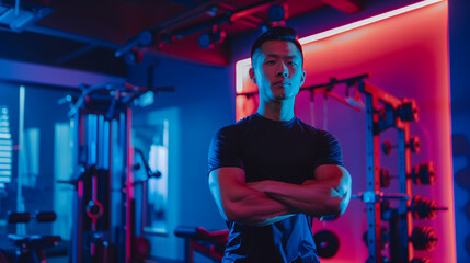 Muscular Asian fitness trainer posing confidently in a neon-lit gym, showcasing strength and fitness expertise in a vibrant and dynamic environment.