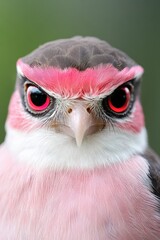 A close up of a bird with red eyes