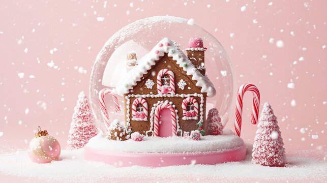 A whimsical snow globe containing a snow-covered gingerbread house, candy canes, and gumdrop trees, on a pastel pink background with falling snow