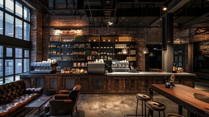 Inside a chic cafe designed in loft style, dark color palette enhancing the spacious layout and showcasing a diverse coffee selection, ideal for a cozy coffee shop environment