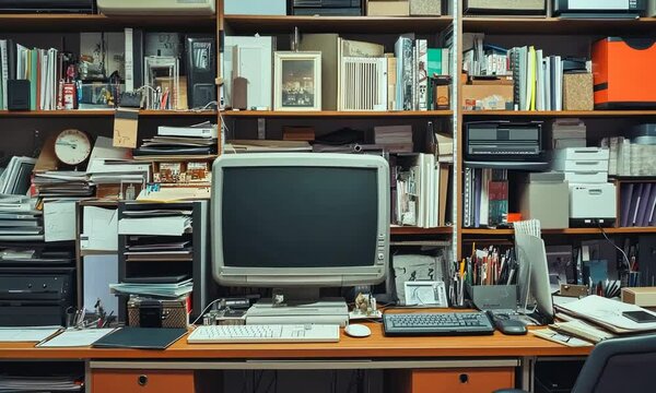 Cluttered Office Desk with Vintage Computer