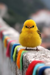 A small yellow bird sitting on top of a stone wall