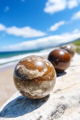 A row of brown and white balls sitting on top of a rock