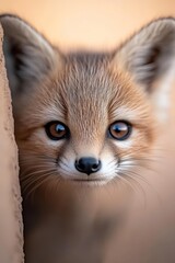A close up of a fox peeking out from behind a wall