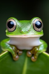 A green frog sitting on top of a green leaf