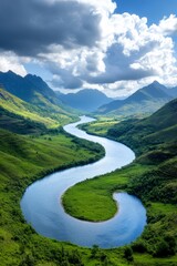 A river running through a lush green valley