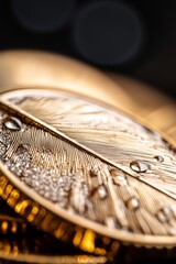 A close up of a gold coin with water droplets on it