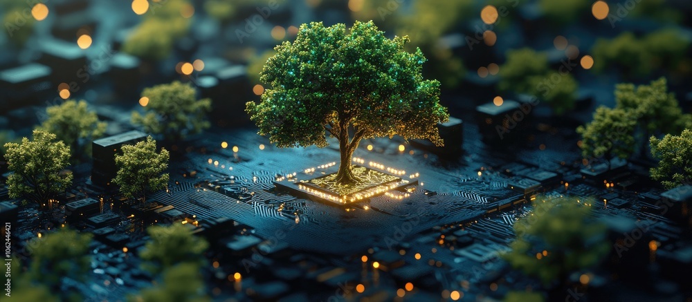 Poster a glowing tree grows from a circuit board surrounded by tiny trees and lights.