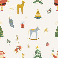 Christmas pattern background with cute Santa Claus, deer, Christmas decorations. Vector seamless pattern. Trendy print for textiles, wallpaper and packaging.