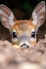 Fototapeta premium A close up of a small deer peeking out of the ground