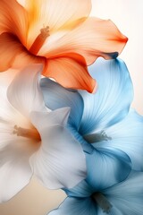 A close up of three blue and orange flowers on a white background