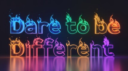 Colorful Neon Letters with Flames Spelling Dare to be Different on Dark Background