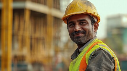 Fototapeta premium A close-up of a smiling construction worker in a hard hat, showcasing pride and professionalism in the construction industry
