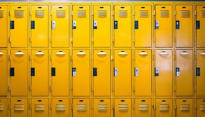 Row of yellow school lockers with closed doors