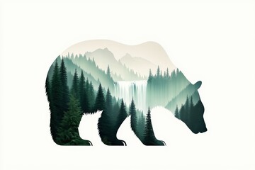 Naklejka premium Double Exposure of Bear Silhouette with Lush Forest and Majestic Waterfall