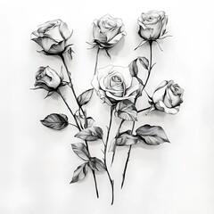 roses illustration, white background, black and white pencil drawing